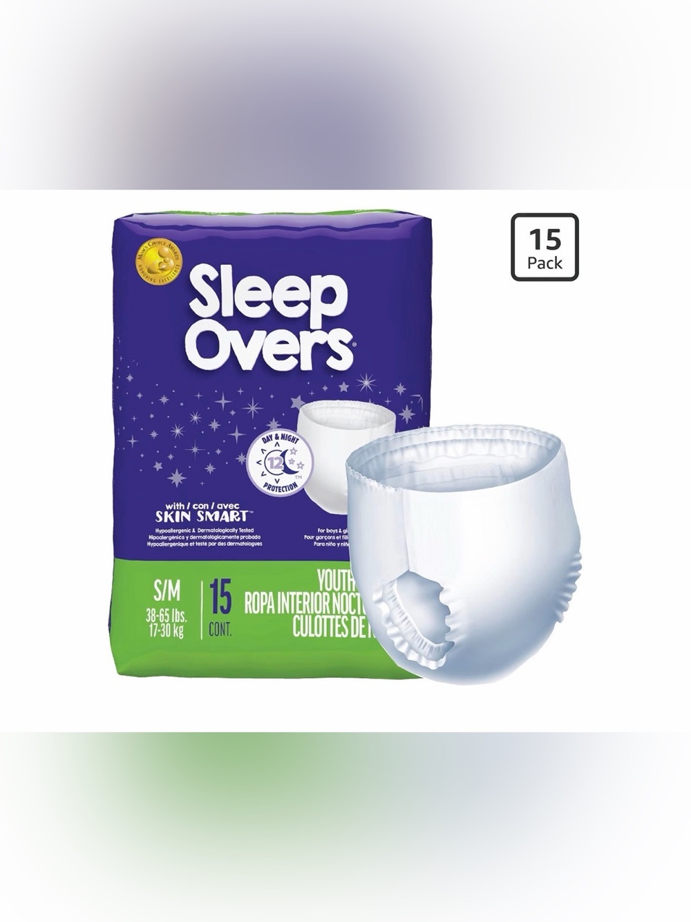 Sleepovers Absorbent Youth Underwear, Size Small/Medium, 15 Count